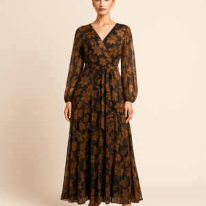 Siyara Brown Floral Chiffon Maxi Dress