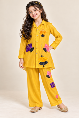 Kids Basant Royal Silk outfit with colorful kite appliqué and sitara work by Kani Rani