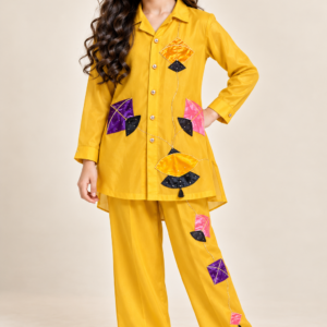 Kids Basant Royal Silk outfit with colorful kite appliqué and sitara work by Kani Rani